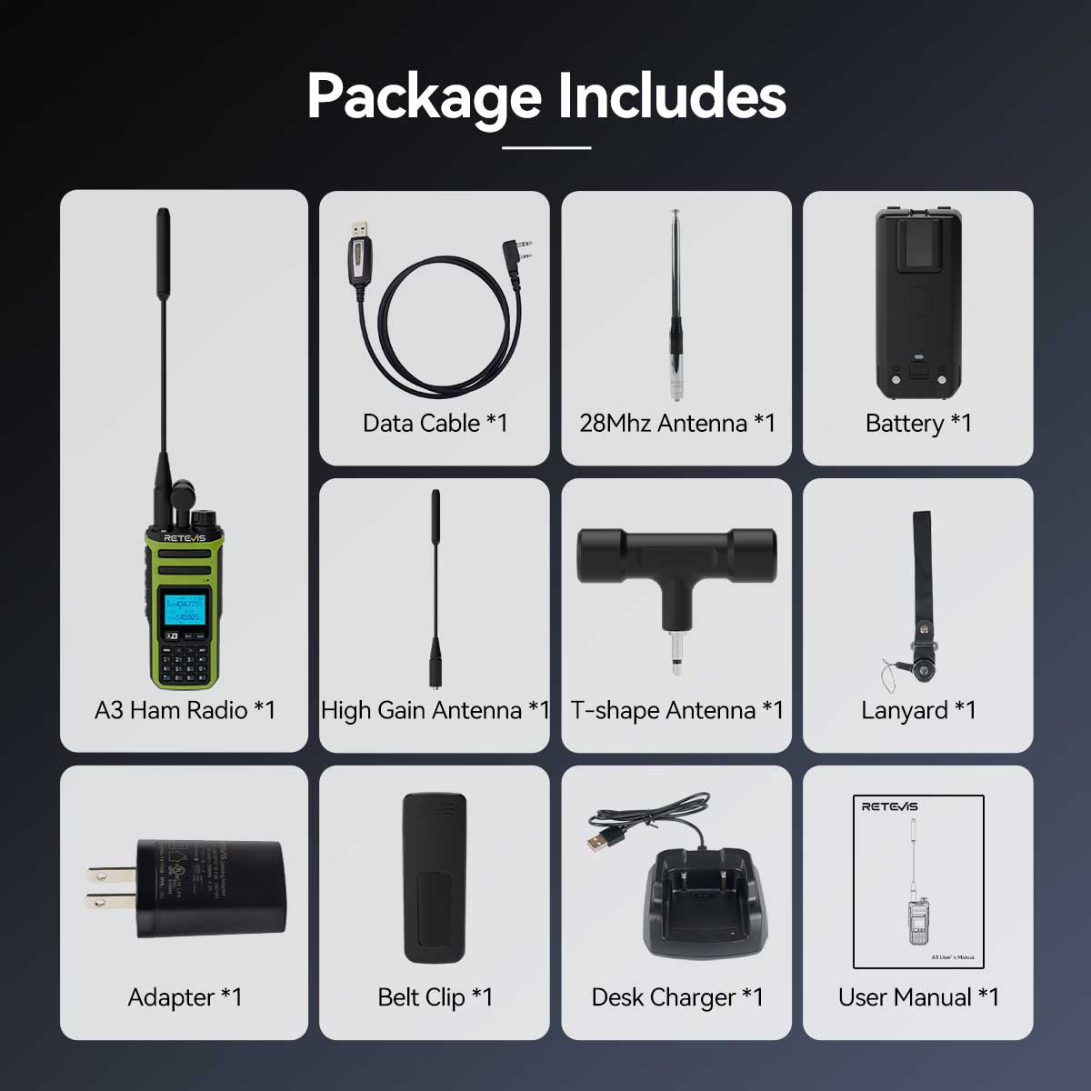 A package of radio communication equipment and accessories, including a ham radio, various antennas, a battery, charging equipment, a data cable, a belt clip, a lanyard, and a user manual.