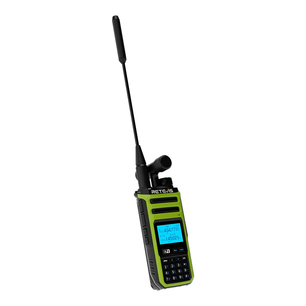 A green and black two-way radio with a long antenna.