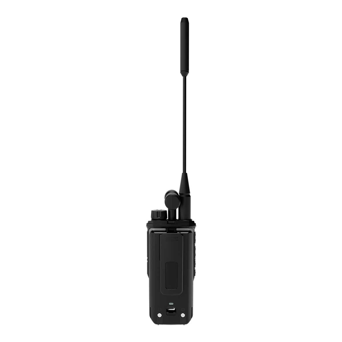 Black two-way radio with an extended antenna.