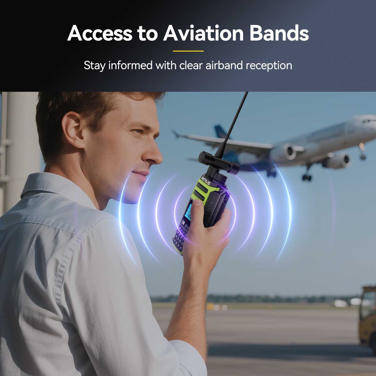 A man holding a two-way radio with a large antenna, emitting blue and purple signal waves.