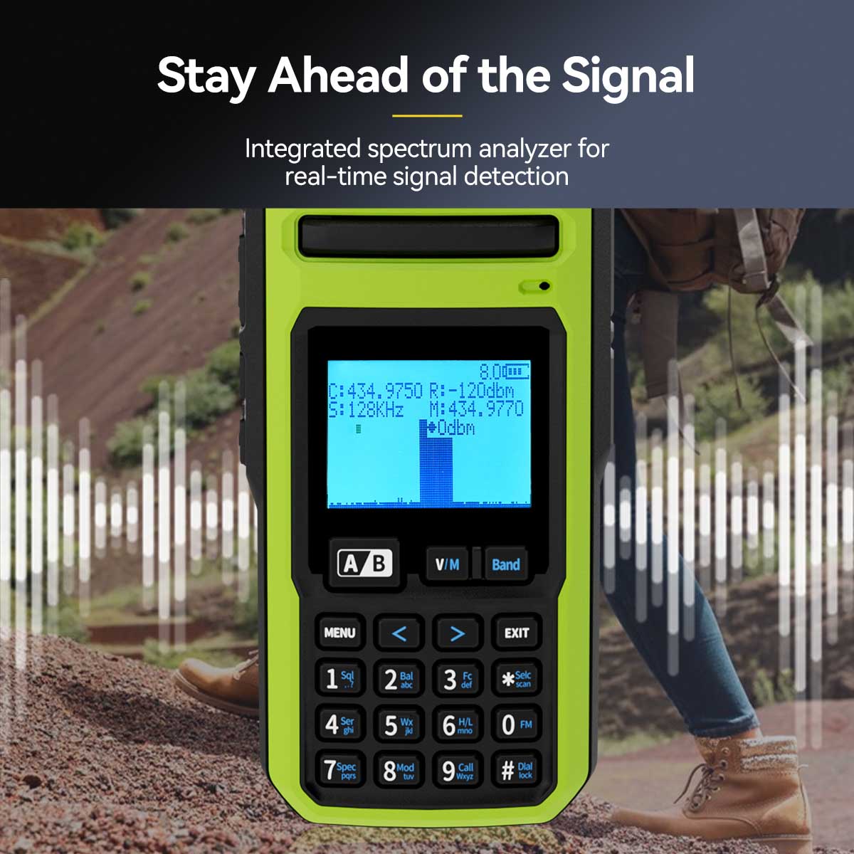 A lime green and black handheld radio with a blue digital display.