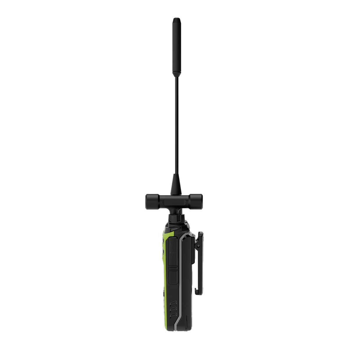 A lime green and black two-way radio with a long black antenna and a belt clip.