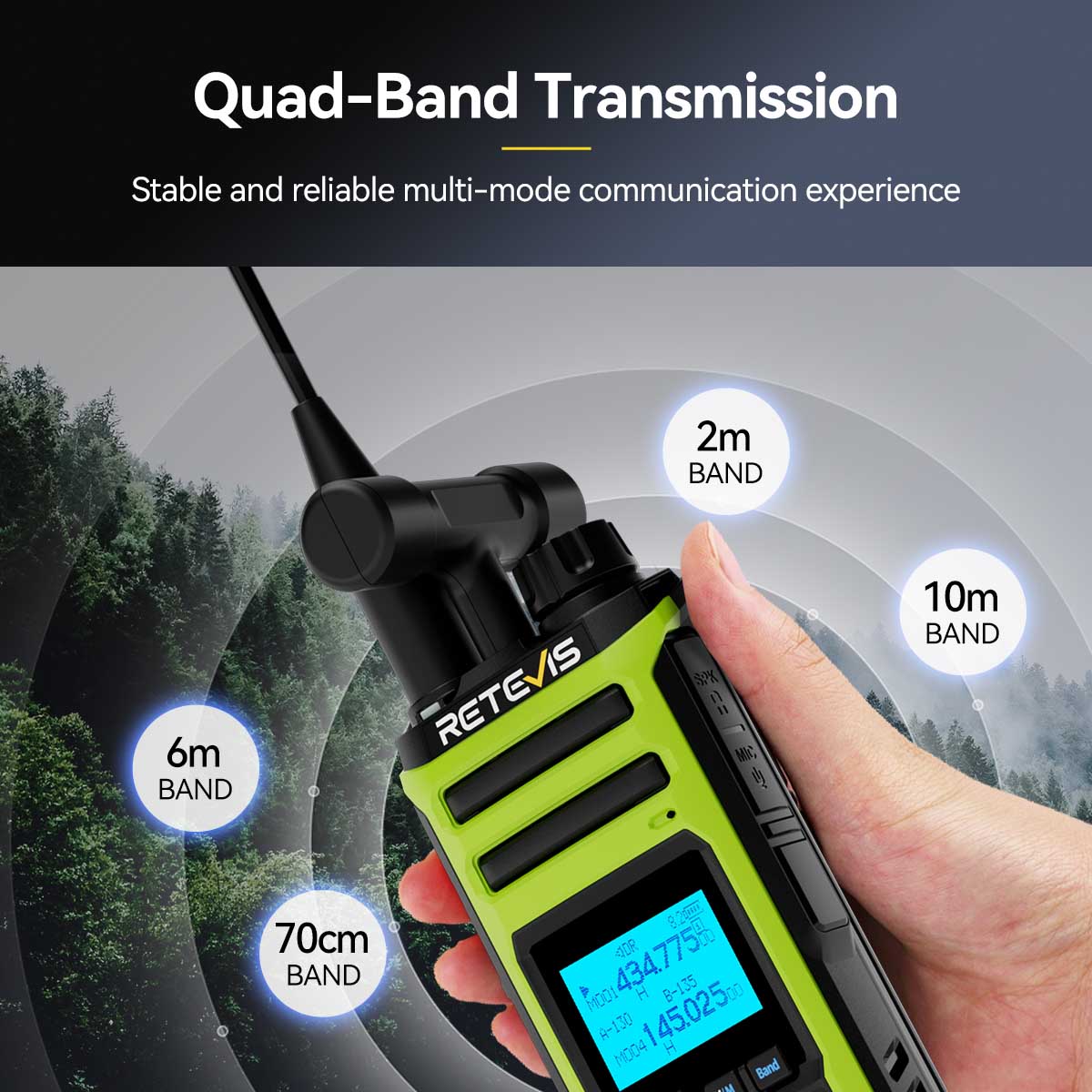 A handheld, lime green and black quad-band radio with an antenna.