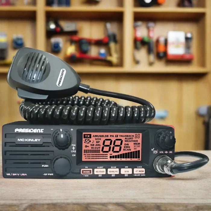 Black CB radio with microphone.