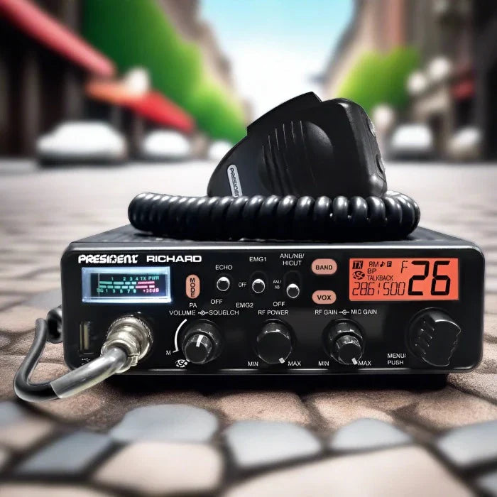 Black CB radio with microphone.