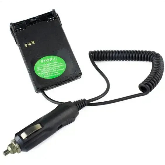 Black battery charger with coiled cord.