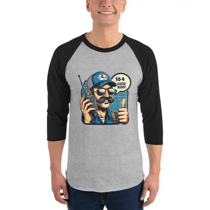 Gray and black baseball tee.