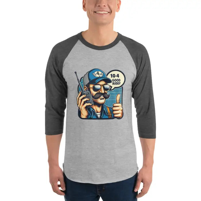 Gray and black baseball tee.