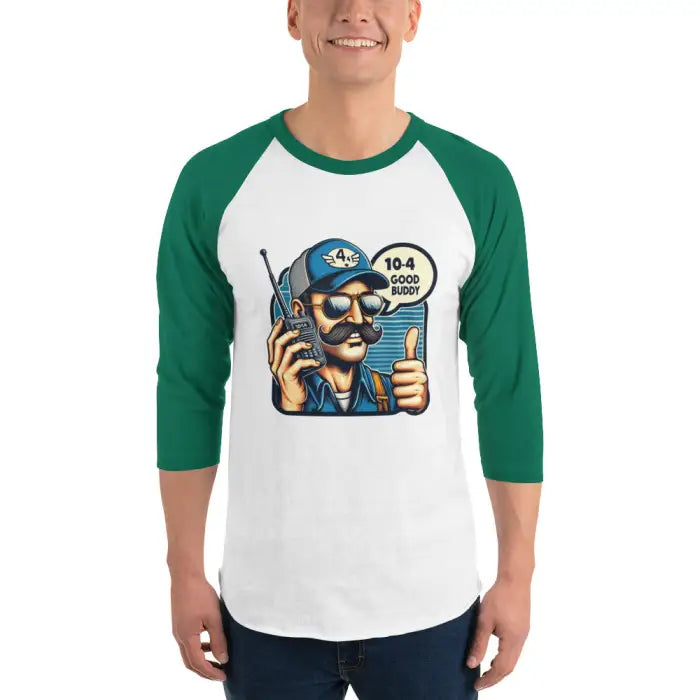 Green-sleeved raglan shirt.