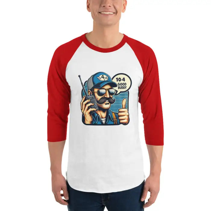 Red and white baseball tee.
