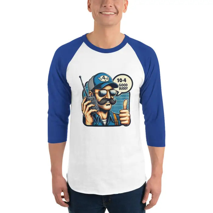 Blue and white baseball tee.