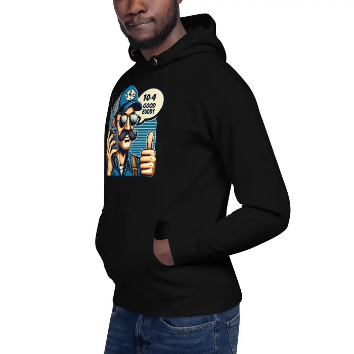 Black hoodie with cartoon graphic.