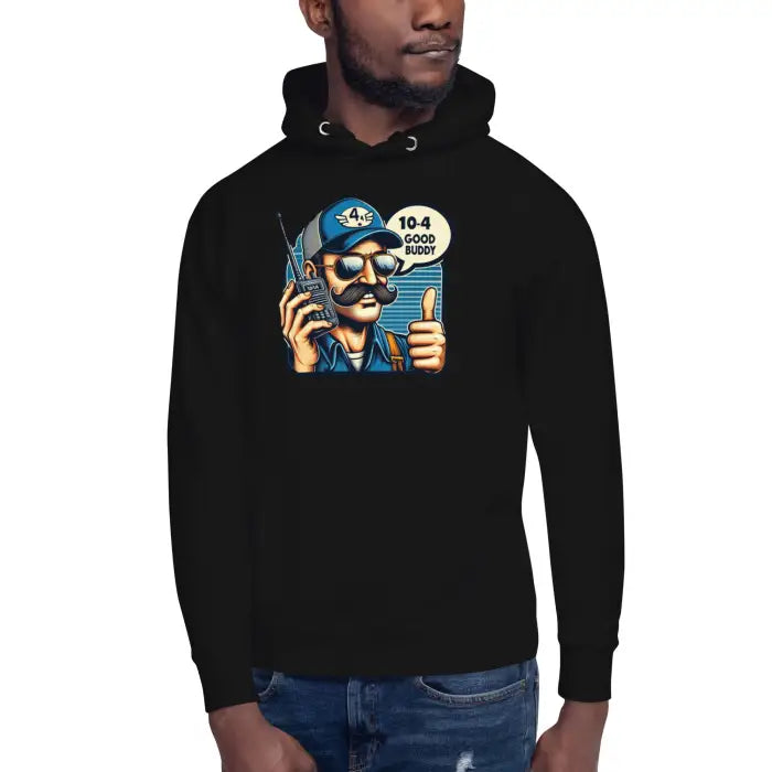 Black hoodie with cartoon graphic.