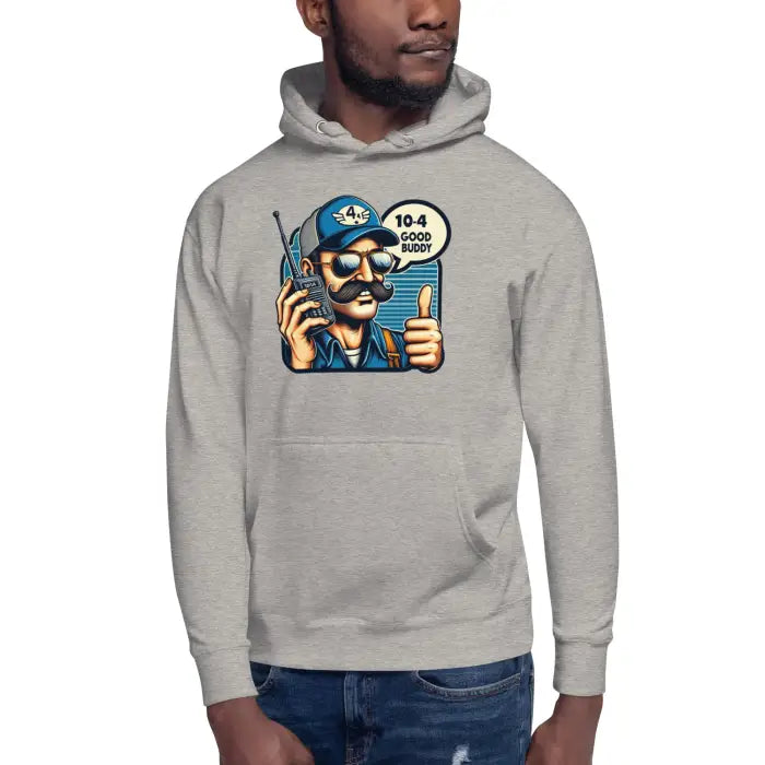 Gray hoodie with cartoon graphic.