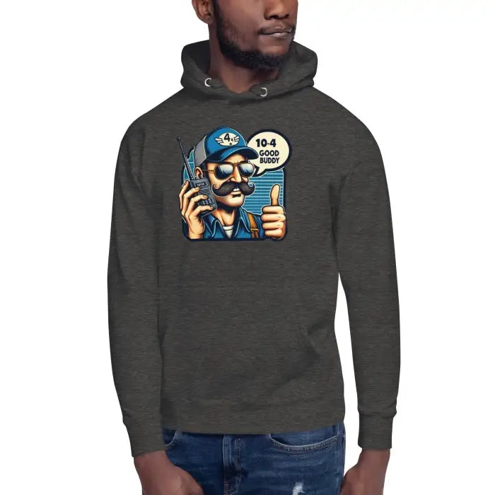 Gray hoodie with cartoon graphic.