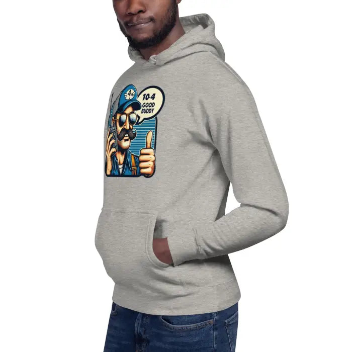 Gray hoodie with cartoon graphic.
