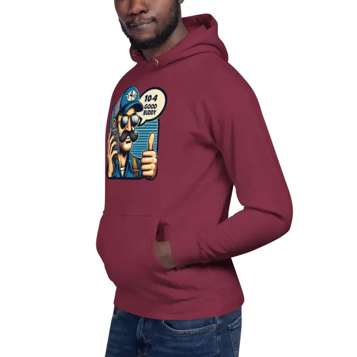 Maroon hoodie with cartoon graphic.
