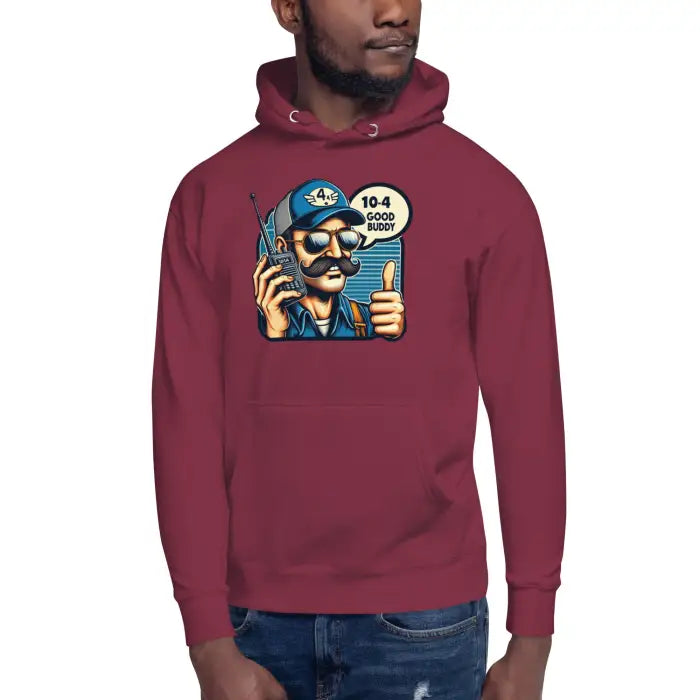 Maroon hoodie with cartoon graphic.