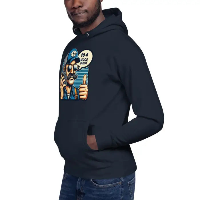 Navy blue hoodie with cartoon graphic.