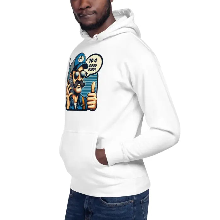 White hooded sweatshirt.