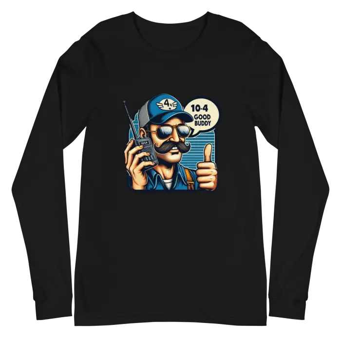 Black sweatshirt with cartoon graphic.