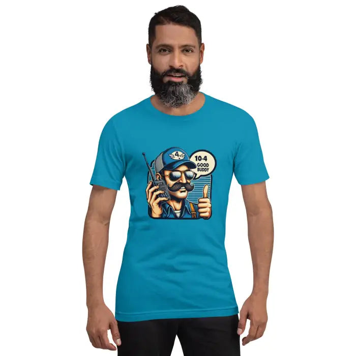 Teal t-shirt with cartoon graphic.