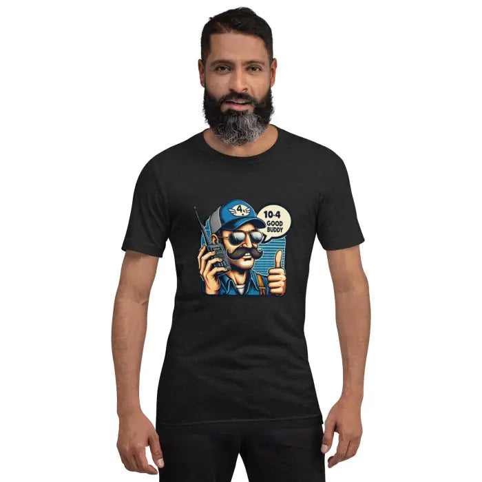 Black graphic t-shirt.