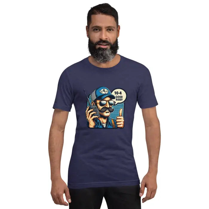 Navy blue graphic tee.