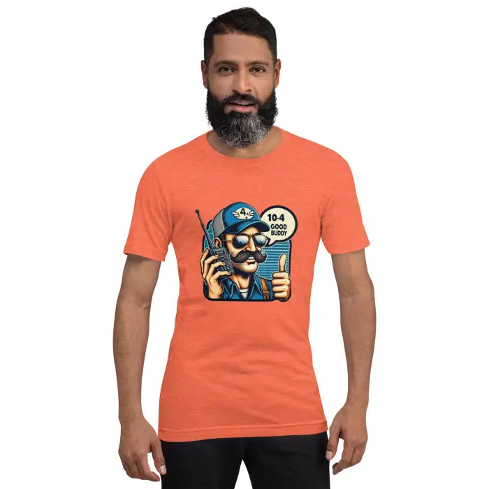 Orange t-shirt with cartoon graphic.