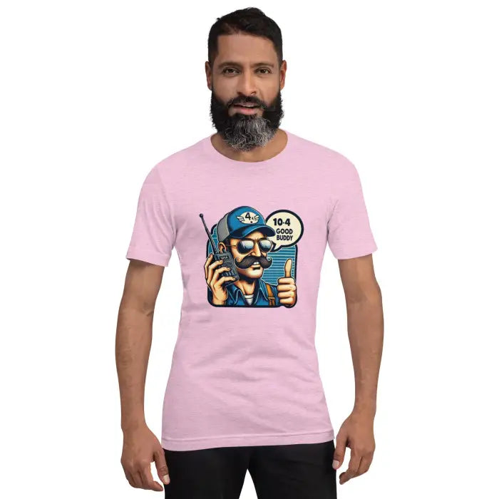 Pink t-shirt with cartoon graphic.