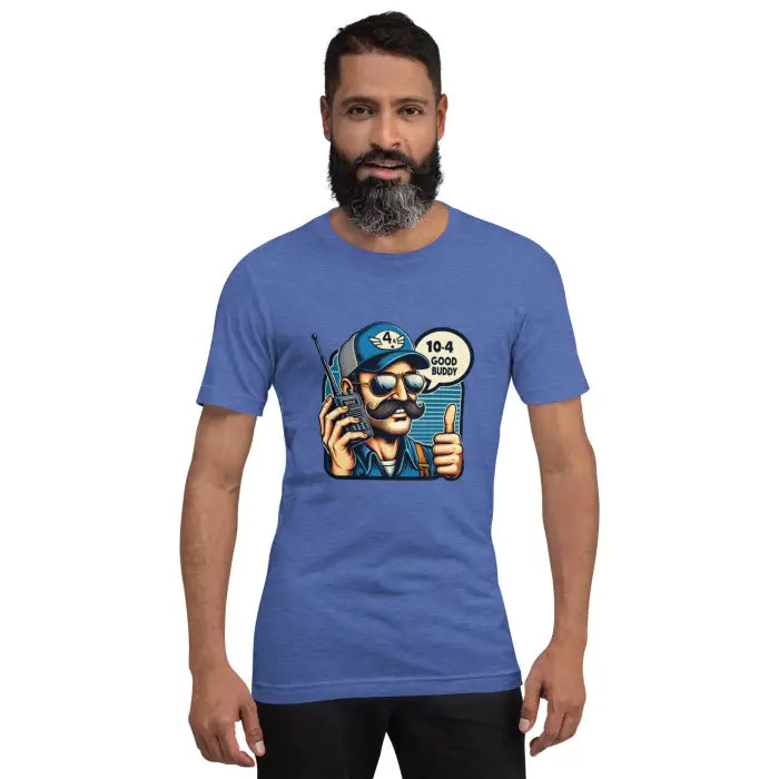 Blue t-shirt with cartoon character.