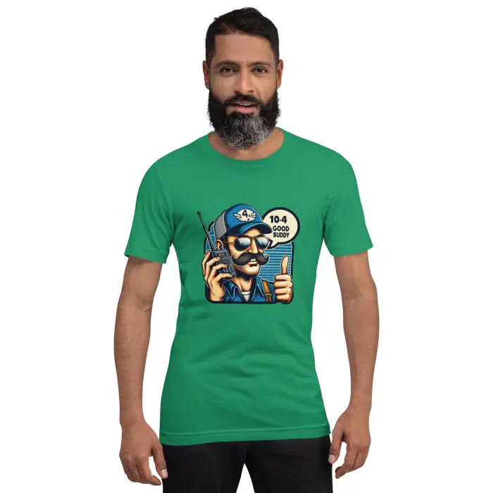 Green t-shirt with cartoon graphic.