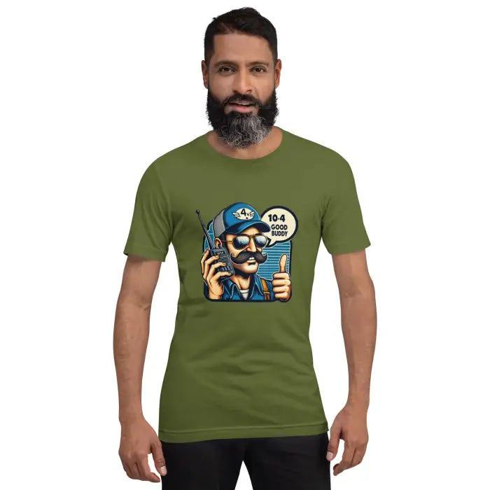 Olive green t-shirt.