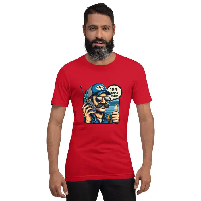 Red t-shirt with cartoon graphic.