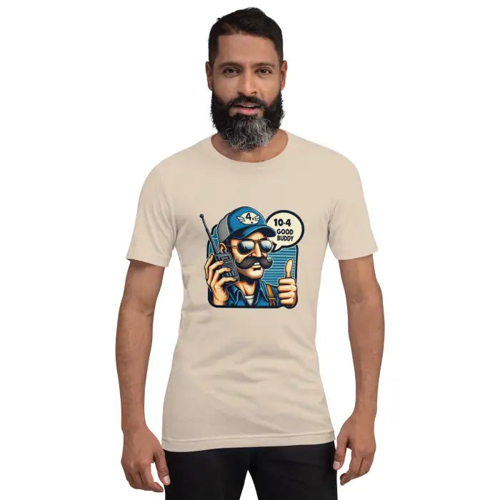 Beige t-shirt with cartoon graphic.