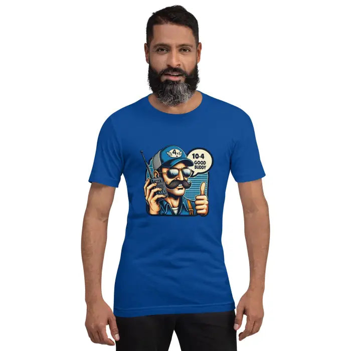 Blue t-shirt with cartoon character.