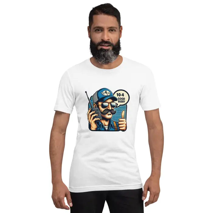 White t-shirt with cartoon graphic.