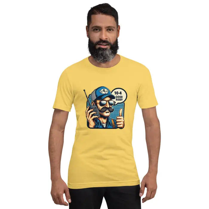 Yellow t-shirt with cartoon graphic.