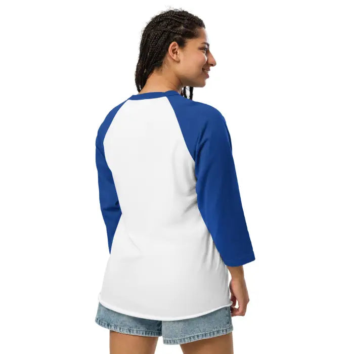 White and blue raglan shirt.