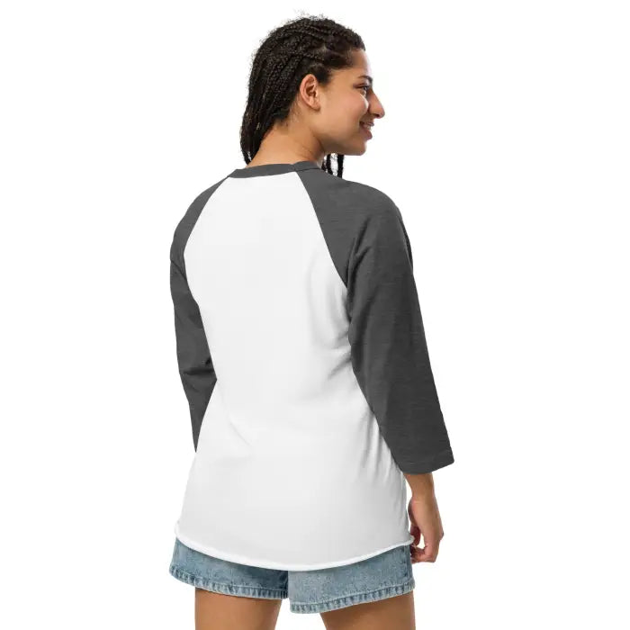 White and gray raglan shirt.