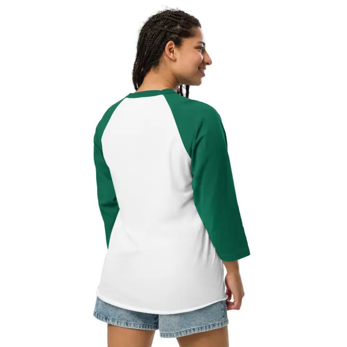 White and green raglan shirt.