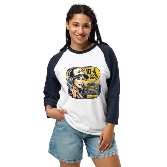 Woman wearing a baseball tee with a radio graphic.