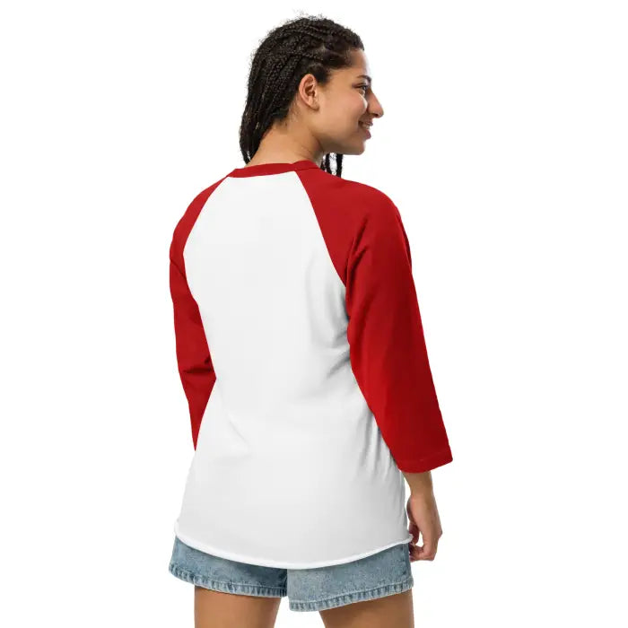 White and red baseball tee.