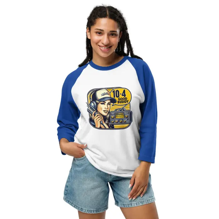 Blue and white raglan shirt with graphic.