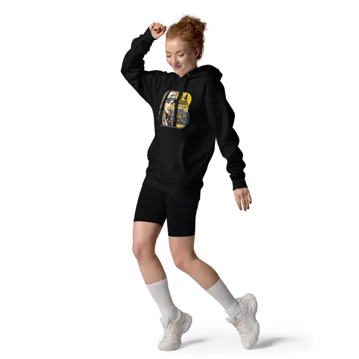 Black hoodie with graphic.