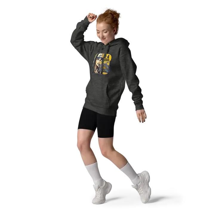 Woman wearing a graphic hoodie.