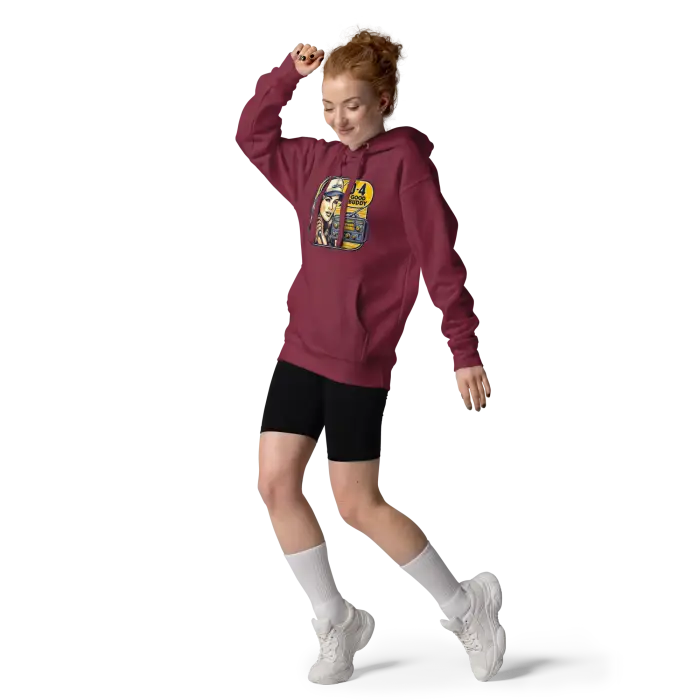 Burgundy hoodie with graphic.