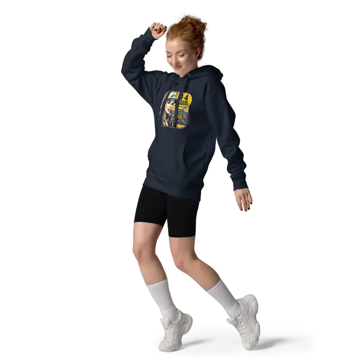 Woman wearing a hoodie with a graphic design.