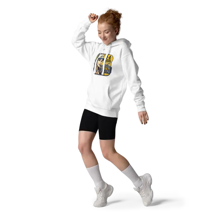 White hoodie with graphic.