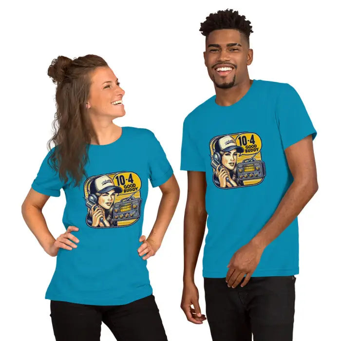 Matching turquoise t-shirts.